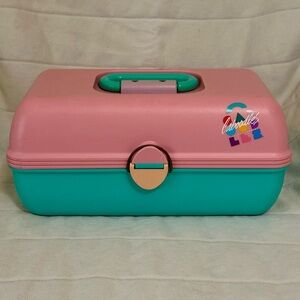 Caboodles Pink Cosmetic Case Top with Colorful Geometric Logo